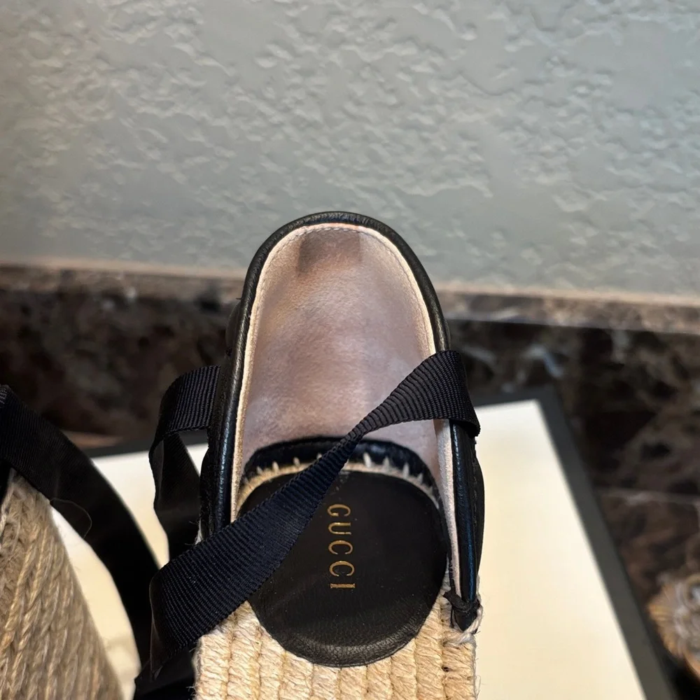 Gucci D’Orsay Black Leather Espadrille Wedge Sandals with Gold GG